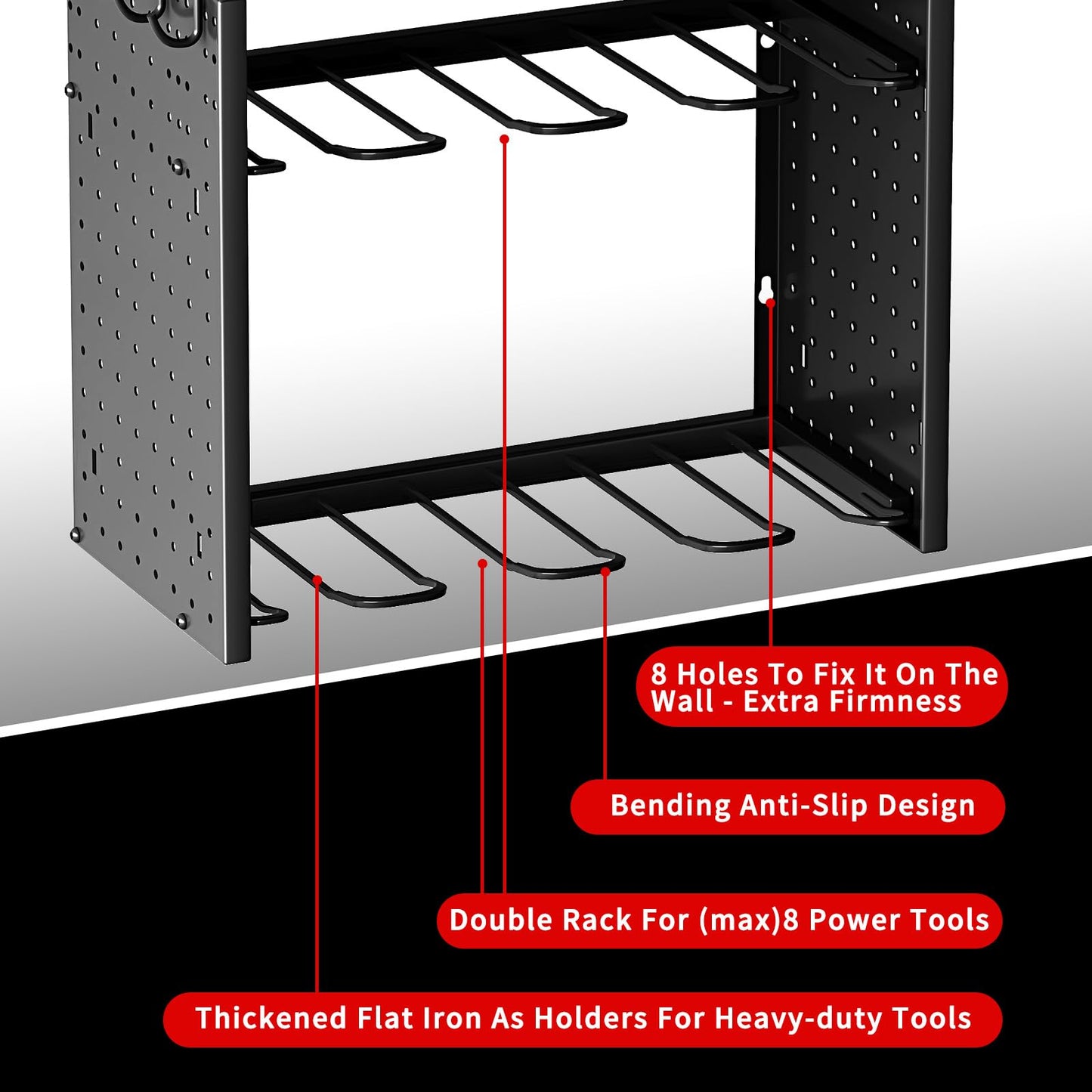 KAFAHOM Power Tool Organizer, Large 8 Drill Holder Wall Mount with 2 Side Pegboards,5 Layer Heavy Duty Metal Tool Storage Rack, Tool Shelf for Garage Organization, Utility Battery Shelves - Red
