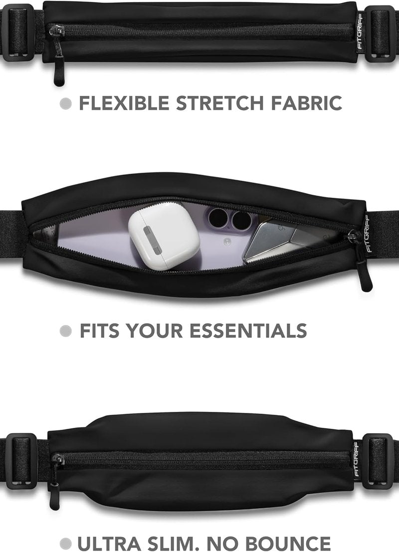 Fitgriff® Running Belt V2 - Slim Fanny Pack & Phone Holder for Jogging | Black, One Size (24.4" - 43.3")