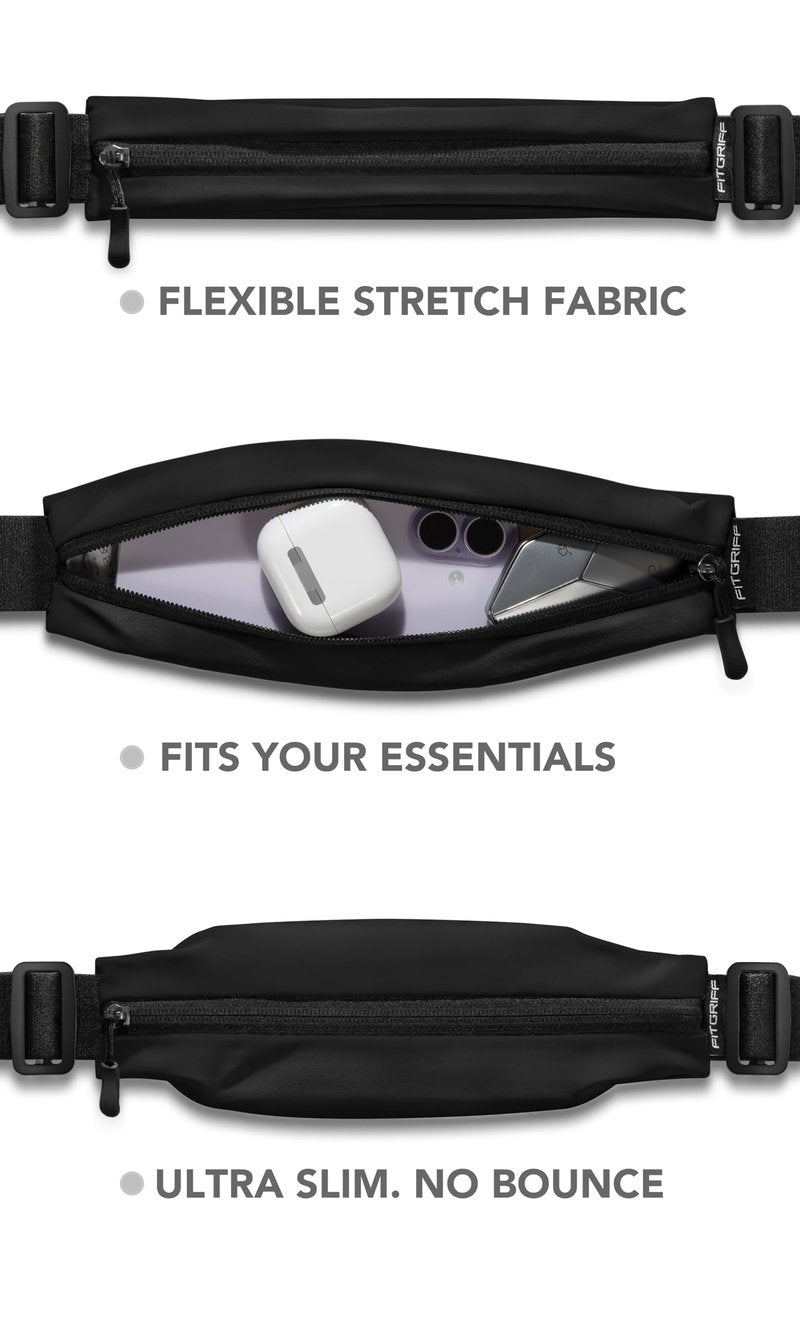 Fitgriff® Running Belt V2 for Men & Women - Slim Fanny Pack, Phone Holder for Jogging, (Fits All Cell Phones) - Money Belt, Runners Waist Pouch (Black, One Size (Waist 24.4 – 43.3 inches))