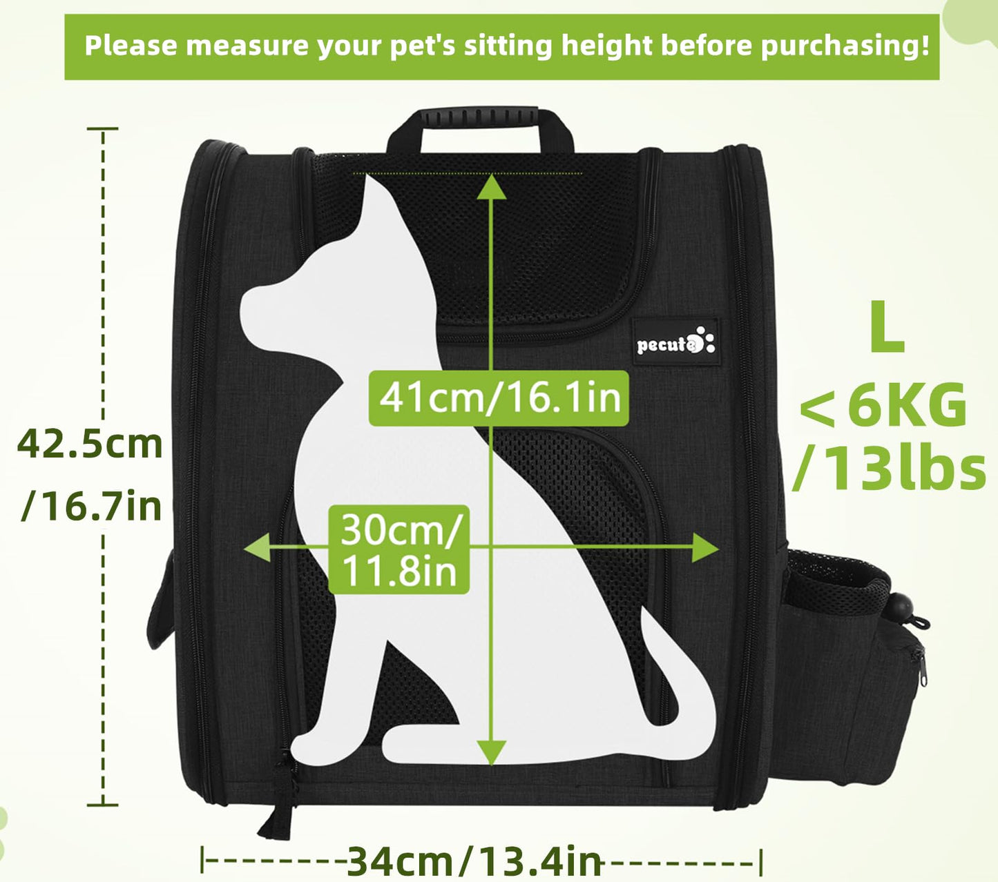 pecute Cat Carrier Dog Backpack, Portable Breathable Cat Backpack with Front Opening, Mesh Window and Pockets, Airy Space Great For Carrying Puppy Dogs Cats to Travel, Black