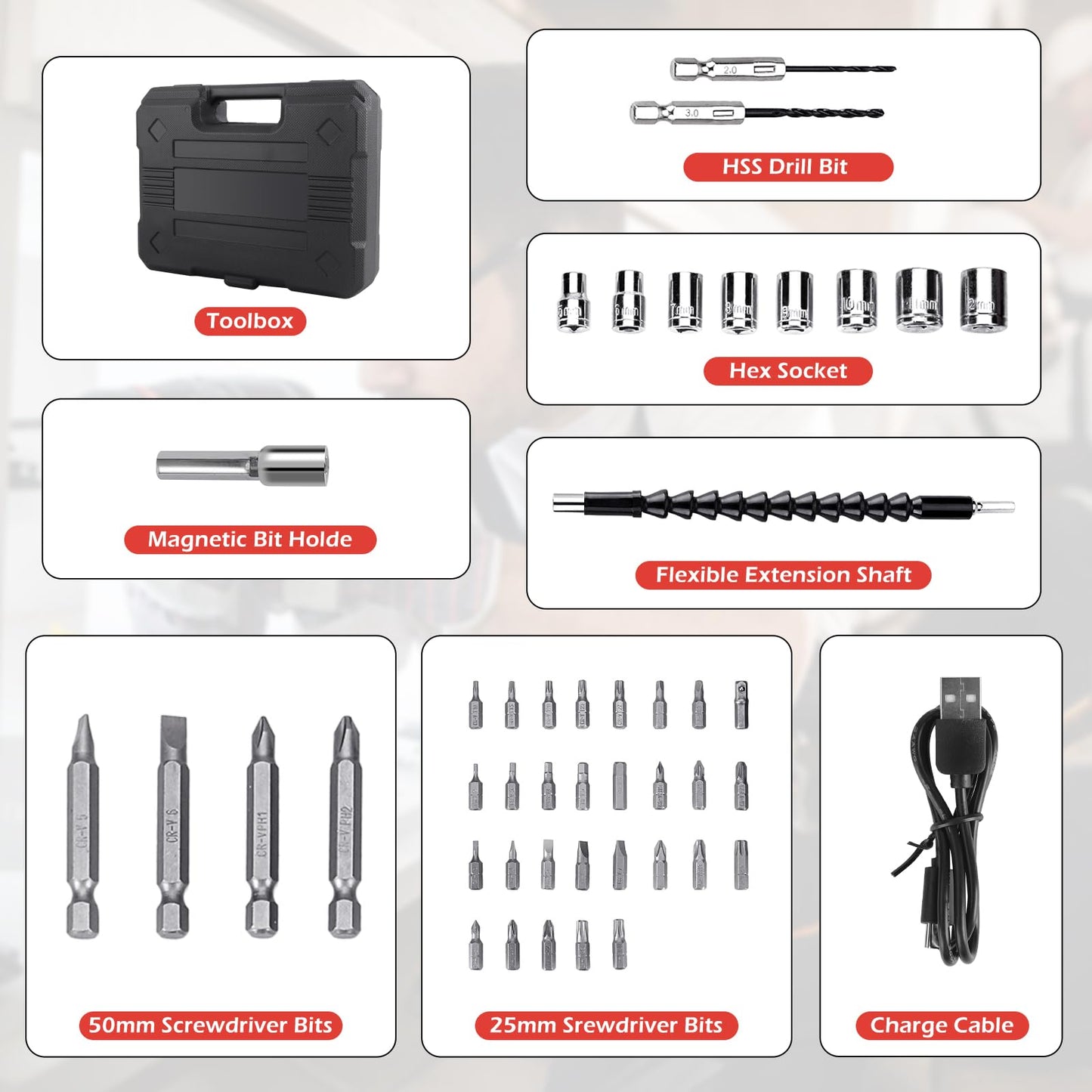 JENABOM Electric Screwdriver Cordless, 47 in 1 Upgrade Portable Cordless Driver, 3.6V Rechargeable 3.5N·m Screwdriver Kit, Dual Position Handle with LED Light for Home Improvement DIY Project