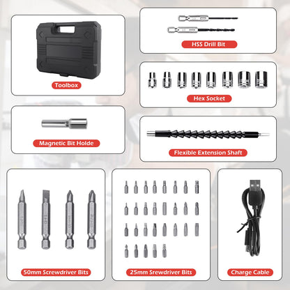 JENABOM Electric Screwdriver Cordless, 47 in 1 Upgrade Portable Cordless Driver, 3.6V Rechargeable 3.5N·m Screwdriver Kit, Dual Position Handle with LED Light for Home Improvement DIY Project