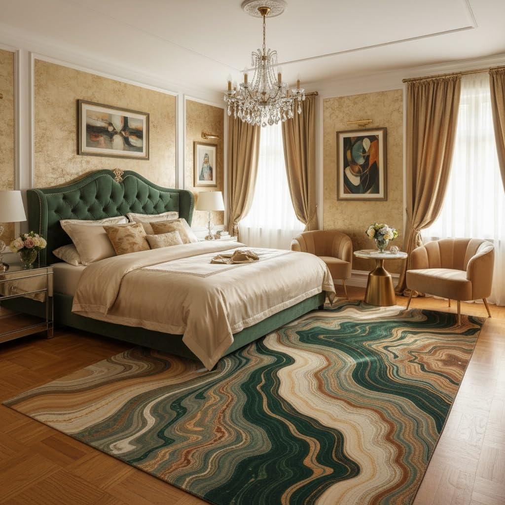 Retro Abstract Striped Marble Emerald Green Beige Brown Area Rug 8x10 Thin Non Shedding Unique Aesthetic Rugs for Bedroom Diningroom Farmhouse Guestroom Office Easy Clean Earth Tone Carpets