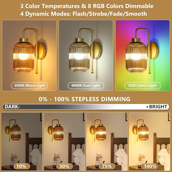 Vintage Gold Wireless Wall Sconces Battery Operated, Rechargeable Wall Lights Set of 2 with Amber Stripe Glass Shade, Remote and Bulb, Cordless Sconces Wall Decor for Bedroom Living Room