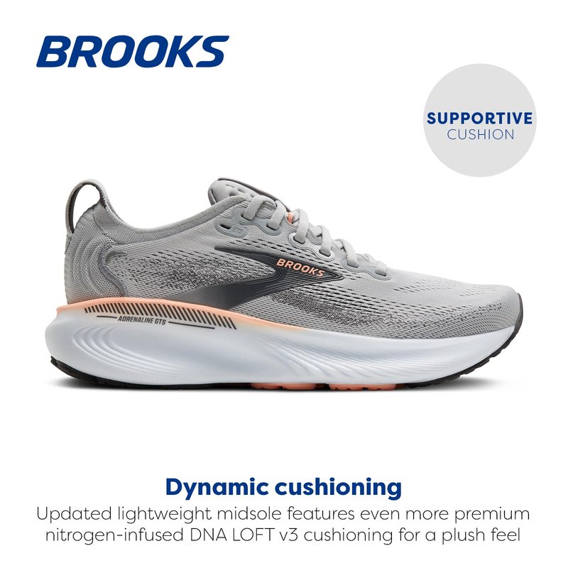 Brooks Women’s Adrenaline GTS 25 Supportive Running & Walking Shoe - Grey/Blackened Pearl/Coral - 9 Wide