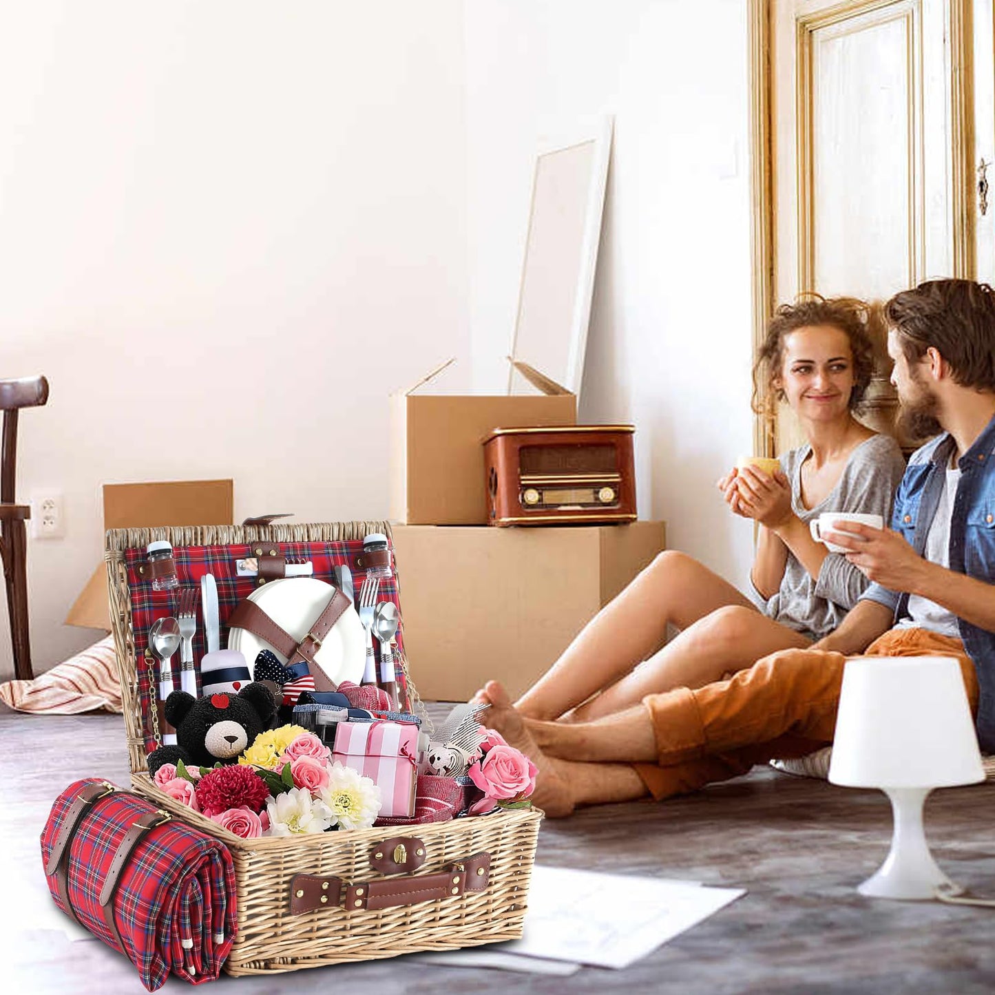 HYBDAMAI Wicker Picnic Basket for 4 with Waterproof Picnic Blanket and Insulated Cooler, Willow Hamper for Camping, Outdoors, Photoshoot, or a Birthday, Valentine’s Day, Wedding Gift