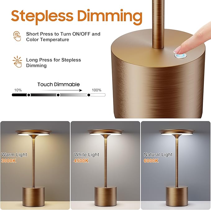 Cordless Table Lamp, Portable Rechargeable 6000mAh Outdoor Table Lamp, 3 Color Stepless Dimming Battery Powered Lamp, LED Table Light for Dinner/Restaurant/Outdoor (Brown)