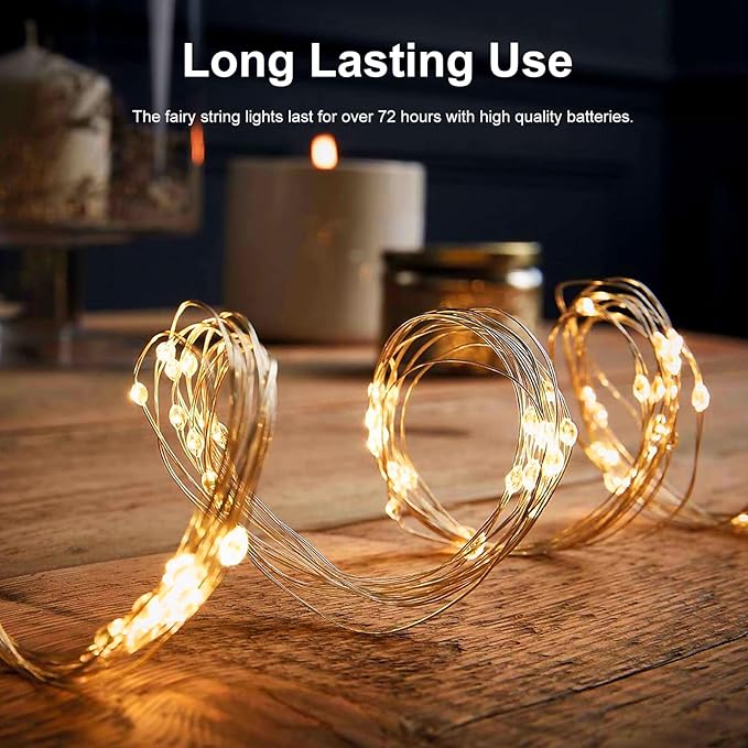 2 Pack Fairy Lights Battery Operated, 200 LED 66Ft Silver Wire Twinkle String Light 8 Modes Auto Timer Mini Christmas Fairy Lights for Bedroom Wedding Decor (Warm White)