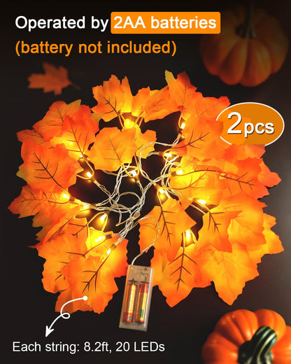 Fall Decor 2 Pack Lighted Fall Garland, Total 16.4ft 40 LED Thanksgiving Decorations Halloween String Lights, Friendsgiving Gift Thanksgiving Decor for Home Holiday Autumn Garland Indoor