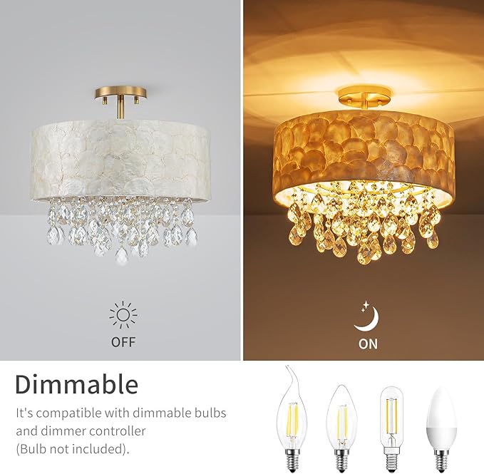4-Lights Drum Capiz Shell Crystal Chandeliers, Coastal Design Semi-Flushmount Ceiling Light Fixture for Dining Room, Bedroom, D16xH16 inch, Shell Lampshade & Gold Finish