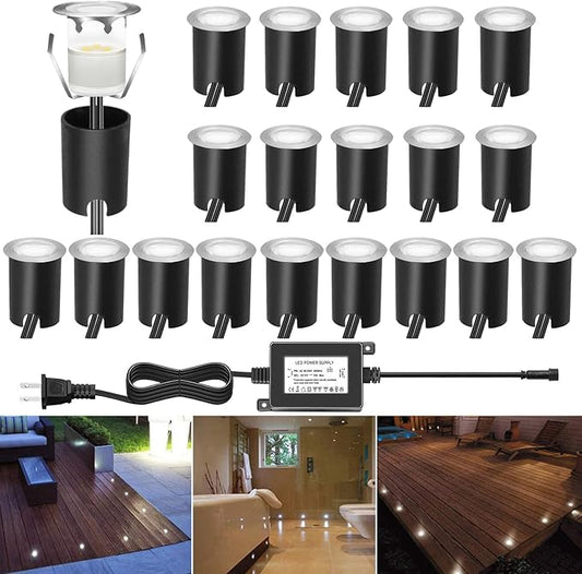 LED Recessed Deck Light Kits with Protecting Shell, LED Outdoor Landscape Lighting IP67 Waterproof,DC 12V Low Voltage for Garden,Yard,Stair,Patio,Kitchen Decoration In Ground(20pcs,Cool White)