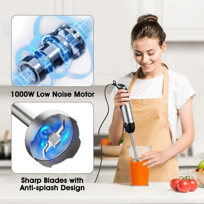 KOIOS 5-in-1 Hand Immersion Blender, 1000W 12 Speed Handheld Blender Stick with Copper Motor Stainless Steel Blade, 600ml Mixing Beaker,500ml Food Processor, Whisk, Milk Frother, Non-BPA, Red