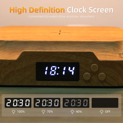 Hiwoor Bedside Table Lamp with 15w Wireless Charger, Touch Control LED Table Lamp with Clock and Phone Stands, Reading lamp 3 Modes and Stepless Dimming for Night lamp for Kids and Adults