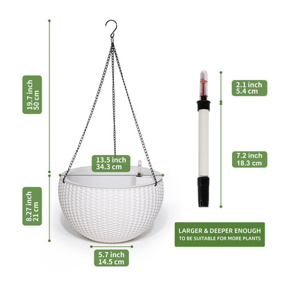 Dexceder 13.5 Inch Large Self Watering Hanging Planters Indoor Outdoor, Thickened Hanging Basket Flower Plant Pot with Water Level Indicator (White)