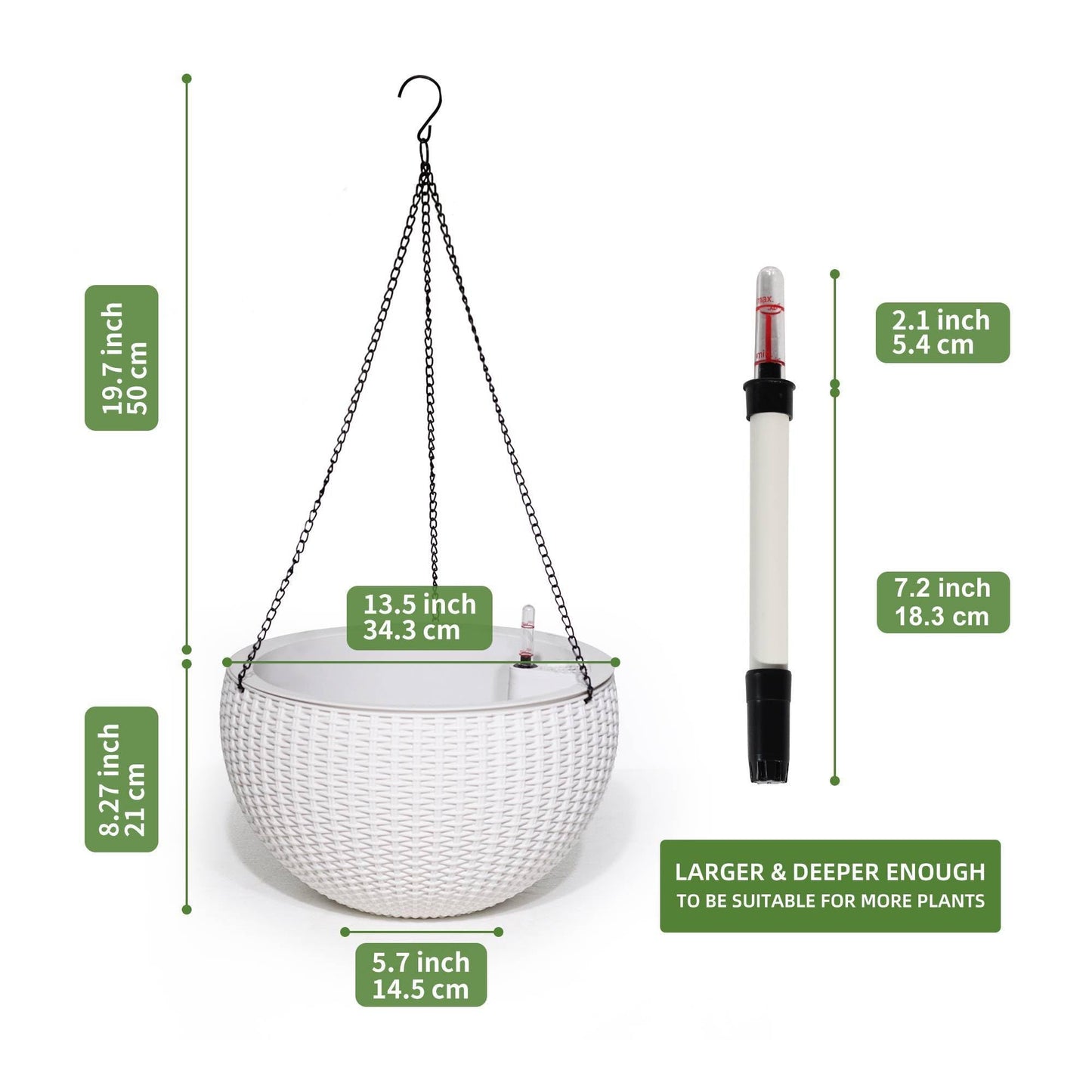 Dexceder 13.5 Inch Large Self Watering Hanging Planters Indoor Outdoor, Thickened Hanging Basket Flower Plant Pot with Water Level Indicator (White)