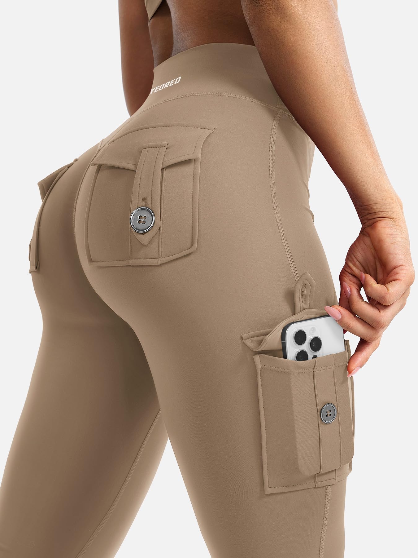 YEOREO CoreFlex Women Workout Flare Leggings with Pockets Hidden Scrunch High Waisted Cargo Gym Yoga Leggings Light Brown L