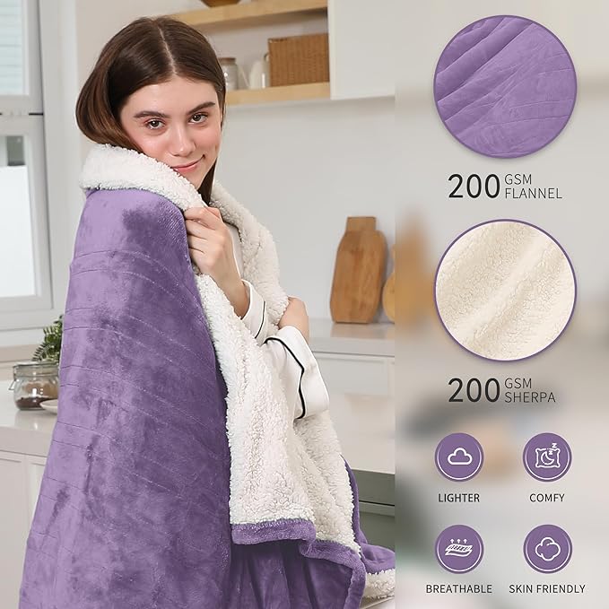 Full Electric Blanket, Heated Electric Blanket with Flannel Sherpa, Machine Washable Heated Blanket with Timer 6 Heating Levels & 1-10 Hours Auto Off, Overheat Protection,72" x 84", Lavender Violet