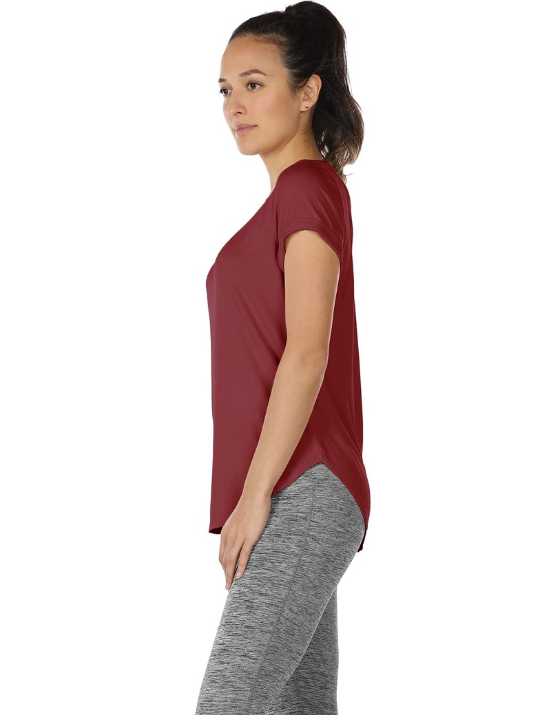 icyzone Open Back Yoga Shirts for Women - Exercise Workout Tops, Athletic Short Sleeves, Running T-Shirts Loose Fit (M, Wine)