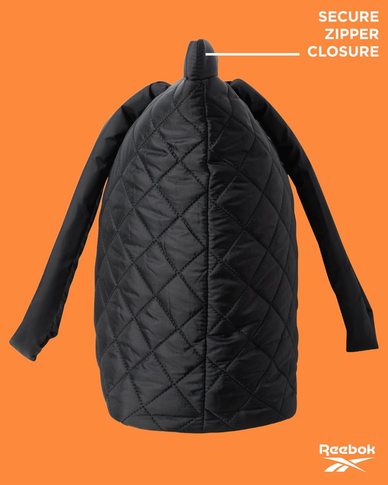 Reebok Womens Tote Bag - Lightweight Carry On Puffer Quilted Tote Bag for Travel Work Travel and Daily Essentials, Size One Size, Barbara Black