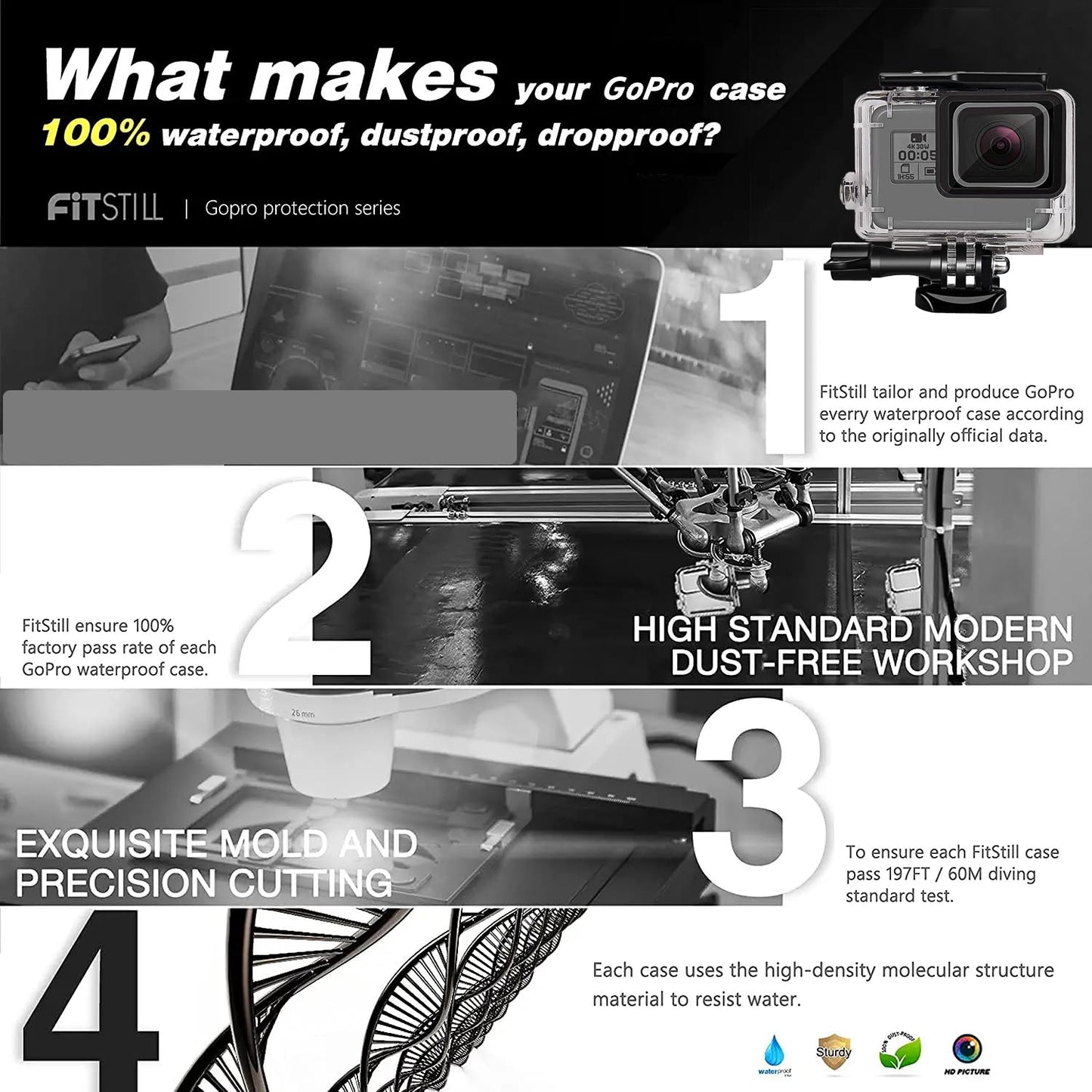 FitStill 148FT/45M Waterproof Housing for Go Pro Hero 2018/7/6/5 Black,Protective Underwater Dive Case Shell with Bracket for Go Pro Hero7 Hero6 Hero5 Black Action Camera Accessories