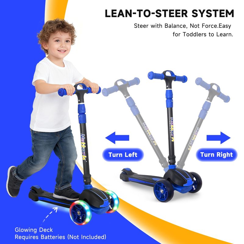 Nattork Kids Scooter for Age 3-8, Toddler Scooter with 4 Adjustable Height for Boys & Girls, Light Up 3-Wheels Foldable Kick Scooter, Lean to Steer, 120LB Weight Capacity