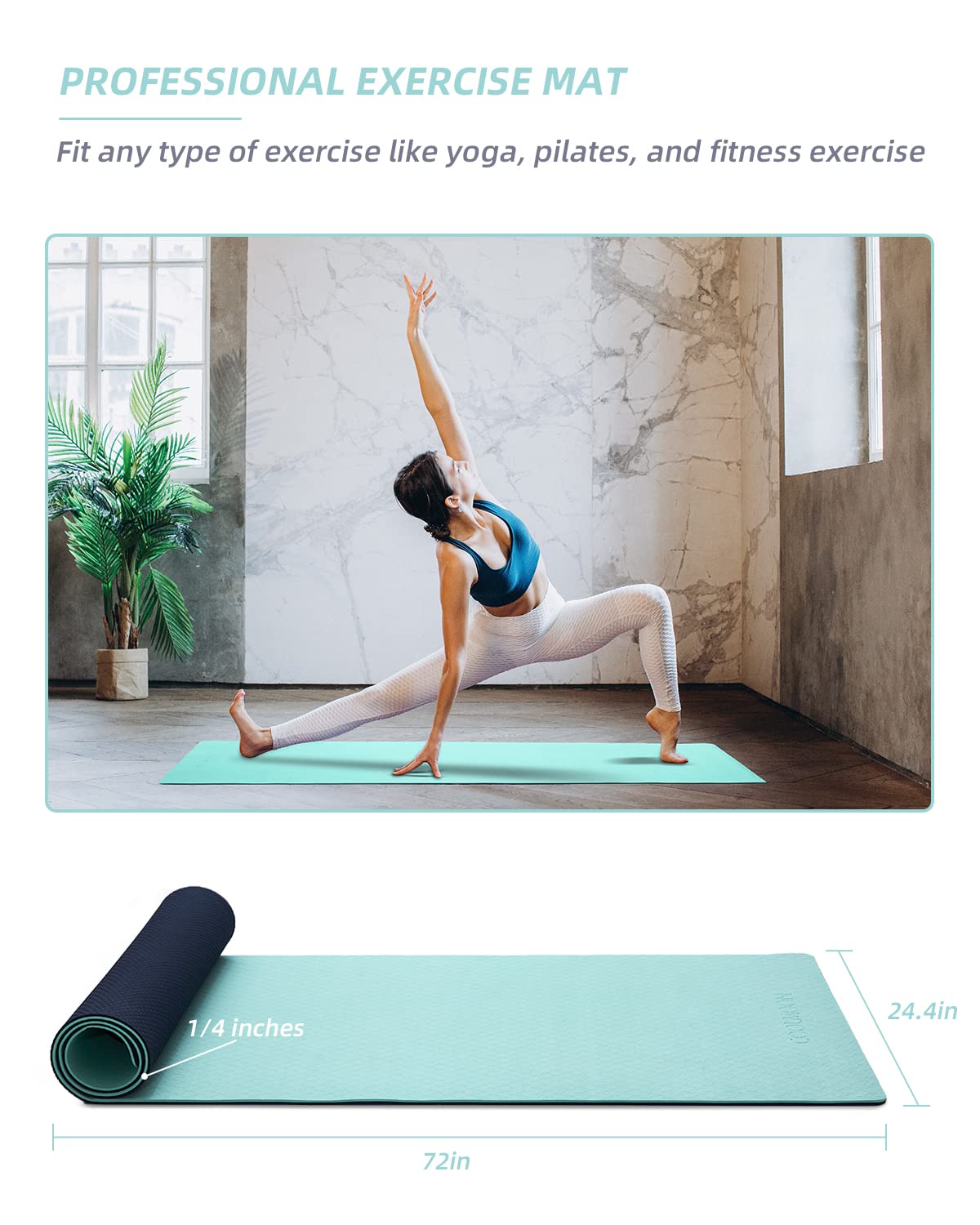 COOLMOON Yoga Mat Non Slip, Anti-Tear 1/4 Thick TPE Yoga Mats for Women and Men, 72"x24" Exercise & Fitness Mat with Carrying Strap, Workout Mats for Yoga, Pilates and Floor Exercise