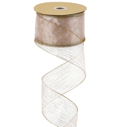MEEDEE Rose Gold Sheer Glitter Wired Ribbon 2.5 Inch Horizontal Stripes Polka Dot Christmas Ribbon Organza Sheer Glitter 25 Yards for Christmas Tree, Wreath, Bow Making