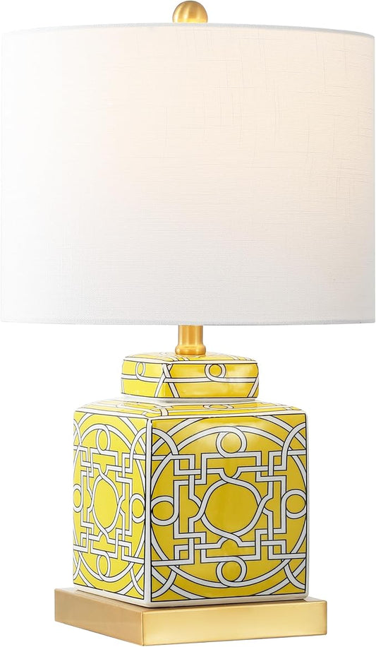 JONATHAN Y JYL3044C Catherine 22" Modern Transitional Ceramic/Metal Square Ginger Jar LED Table Lamp, Yellow/White for Bedroom, Living Room, Office, College