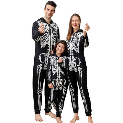 ANGELGGH Family Matching Halloween Onesie Pajamas, Funny Skeleton Printed Hooded Zippered PJs Holiday Loungewear for Men/Women (Men, M, Skull)