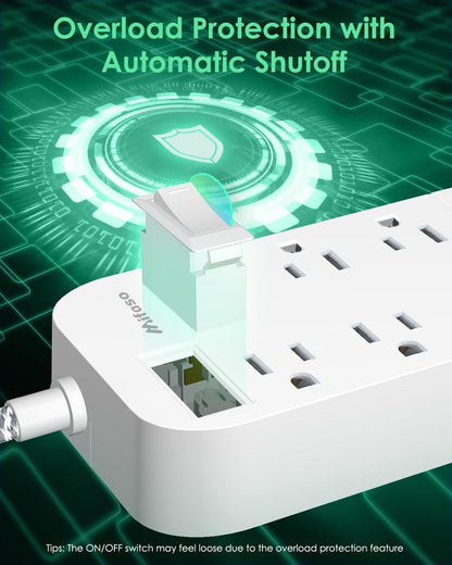 Power Strip - 10 FT Long Flat Plug Extension Cord, 6 Outlets 2 USB A 2 USB C Ports Outlet Extender with Overload Protection, Wall Mount, Desktop Charging Station for Home, Office and Dorm Essential