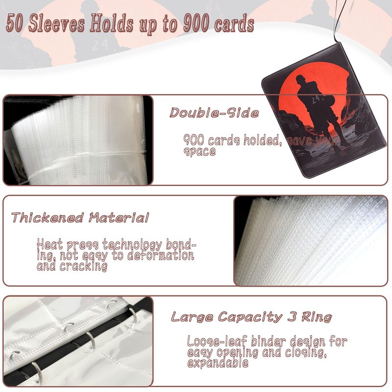 Basketball Card Binder - 900 Capacity 9-Pocket Trading Card Album, 3 Ring Card Holder Binder, Waterproof PU Leather, Zip Closure, Perfect Christmas Birthday Gift for Collectors