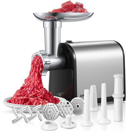 Electric Meat Grinder, Sausage Stuffer with 3 Sausage Tubes, 2 Blades, 3 Plates, 3200W Max, Meat Grinder Heavy Duty for Home Kitchen Use, Stainless Steel (Black)