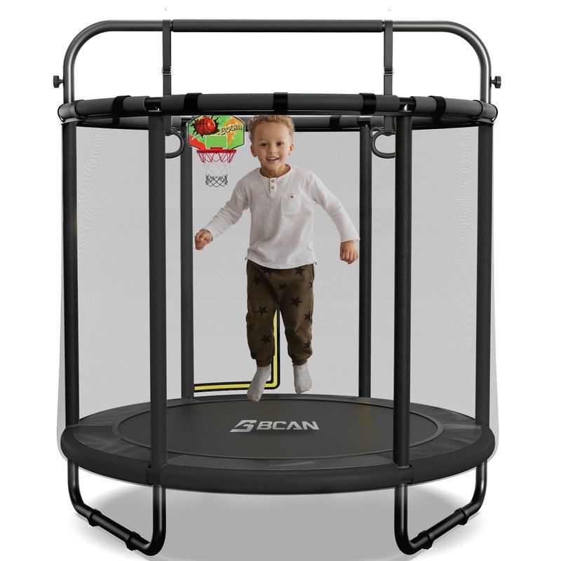 BCAN 55" Trampoline for Kids with Thickened Enclosure Net, Toddler Trampoline Indoor/Outdoor with Adjustable Gymnastics Bars & Basketball Hoop,Gifts for Boys & Girls Ages 1 to 8