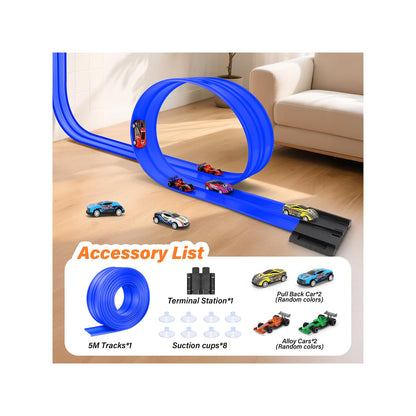 Car Track 5m Includes 4 Cars: KETIEE Flexible Race Track Car Ramp Track Toy Car Race Track Rolls Up Portable Dual Racetrack for Jumps Loops Ramps for 1/64th Cars for Ages 3+, Blue