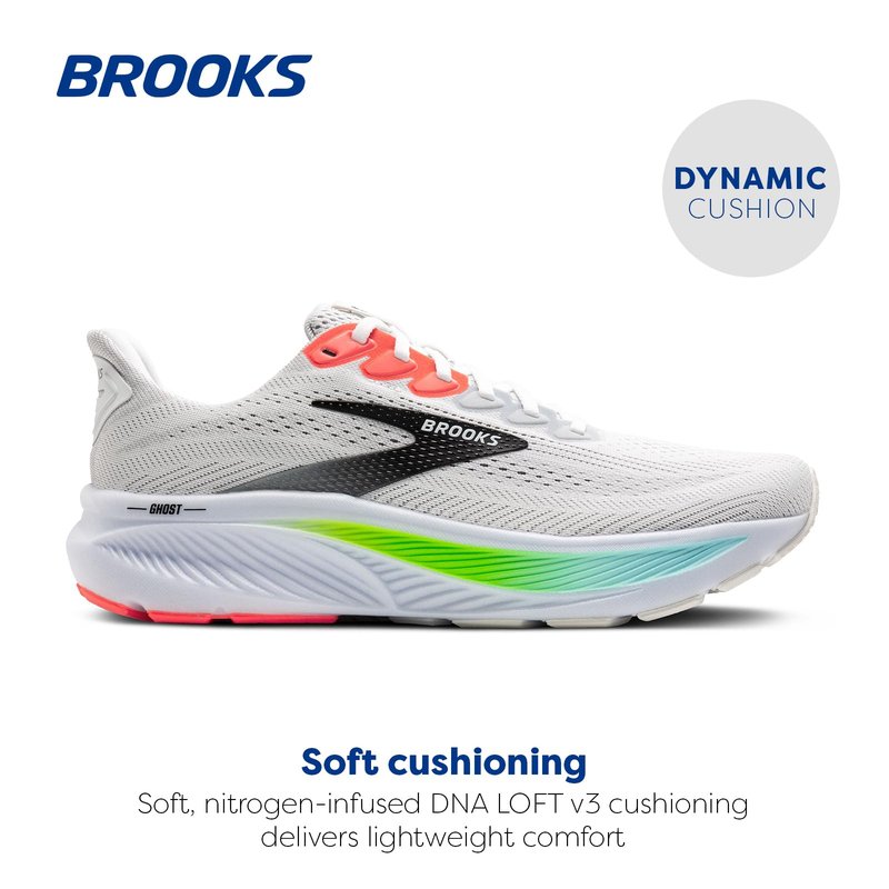 Brooks Men’s Ghost 17 Neutral Running Shoe - White/Pink Clay/Gecko - 14 Wide
