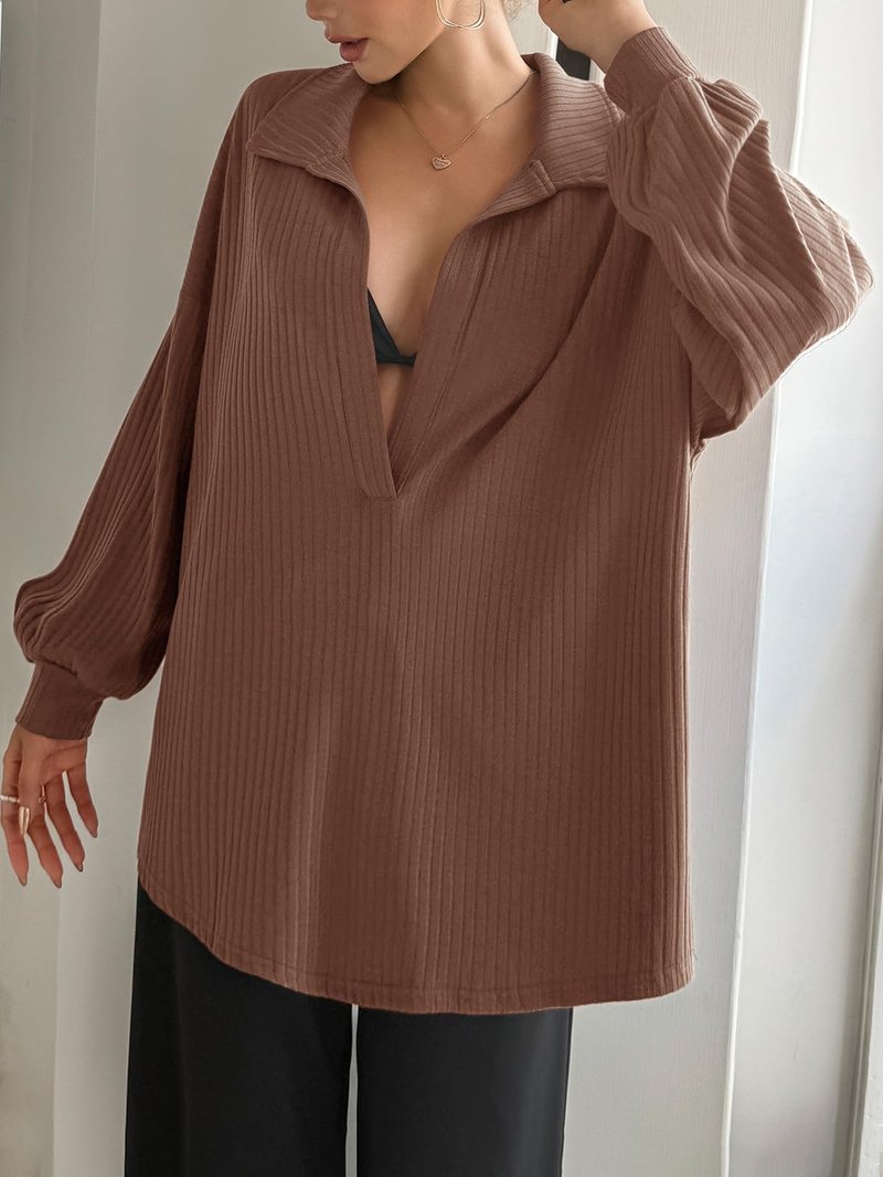 Fisoew Womens Oversized Deep V Neck Sweatshirts Casual Collared Long Sleeve Ribbed Knit Pullover Tops Brown