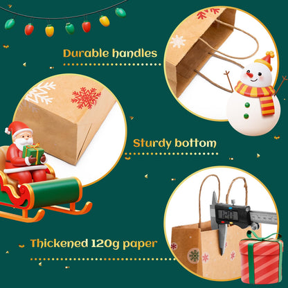 GSSUSA 24Pcs Christmas Gift bags 8.6x7x3.3'' Kraft Paper Bag with Handles, Assorted Designs Christmas Craft Bags,Sturdy Xmas Party Favors Bags, Holiday, Goodie, Treat, Retail Shopping bag