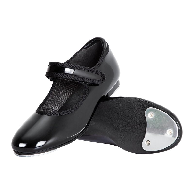 Linodes Economy Unisex-Child Easy Strap Tap Shoe for Girls and Boys Tap Flat-Black Patent-12M-Little Kid