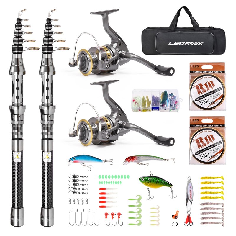 LEOFISHING 2Pcs Telespoic Fishing Rod and Reel Combos Collapsible Fishing Pole with Spinning Reel and Necessary Lure Accessories Portable Carrier Bag for Saltwater Freshwater (2Pcs, 210cm/6.89ft)