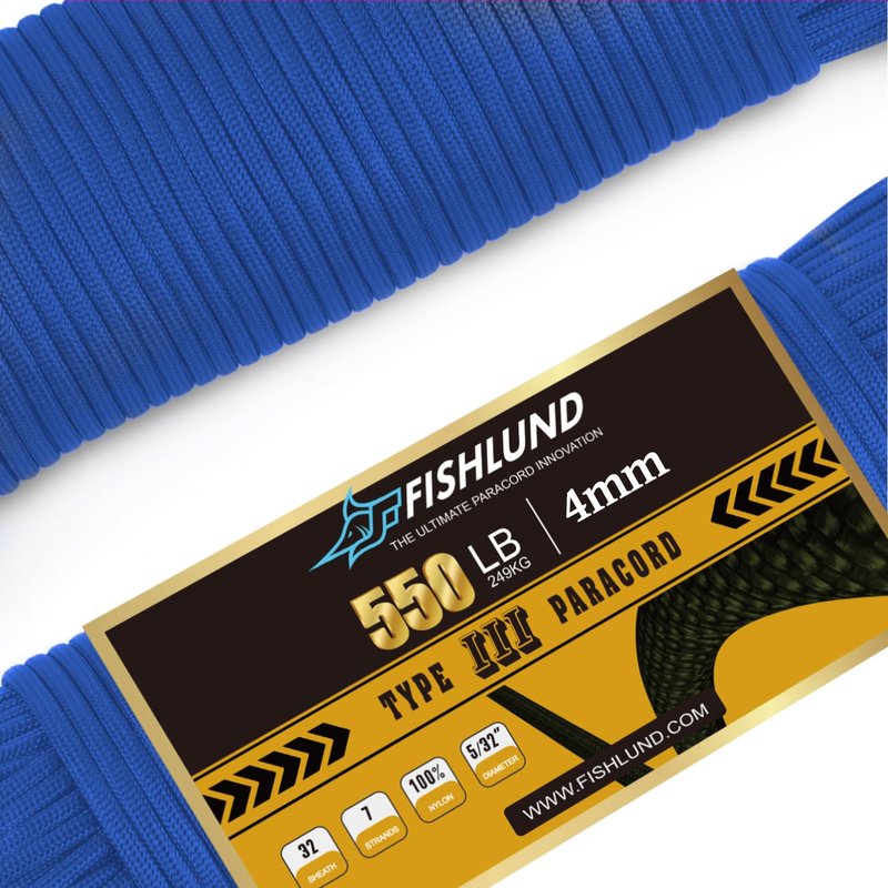 FISHLUND Paracord 550 lb, 7 Strand Paracord Rope 50ft 4mm, Nylon Parachute Cord for Camping, Royal Blue