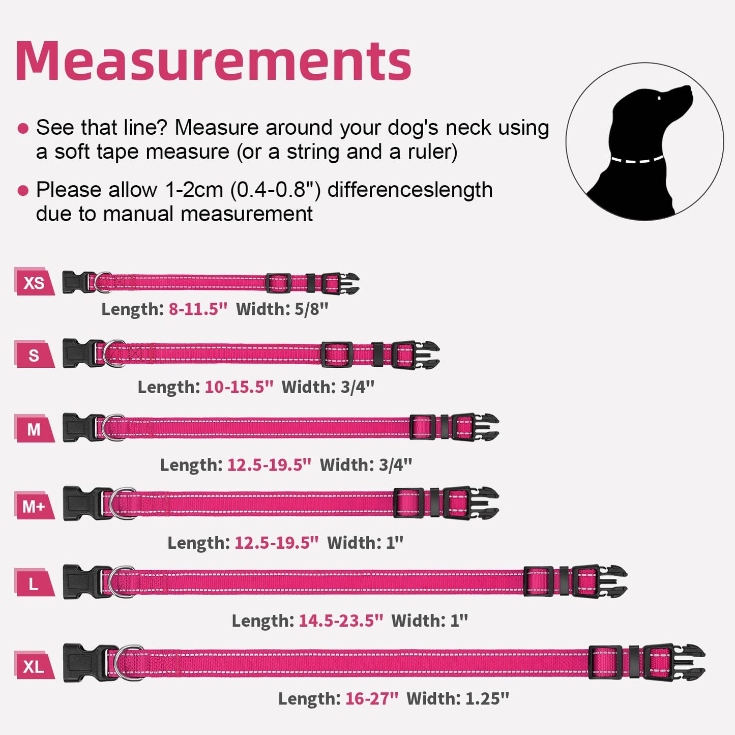 Erbine Reflective Dog Collar for Large Dogs, Wide Nylon Adjustable Collar with Soft Padding, Durable Buckle for Pitbull Labrador Retriever,Hotpink,L