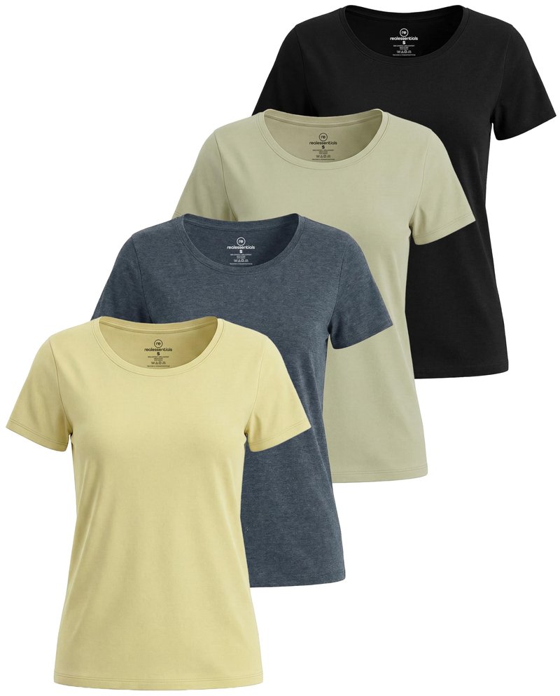 Real Essentials 4 Pack: Women's Cotton Short Sleeve T-Shirt - Casual Scoop Crew Neck Tops Tee (Available in Plus Size)