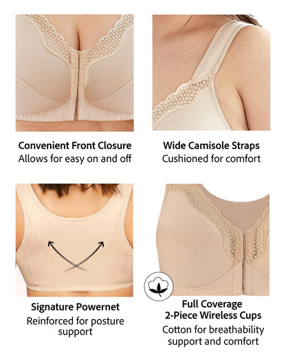 Exquisite Form 5100531 Women's FULLY Wireless Cotton Back & Posture Support Bra with Front Closure & Lace
