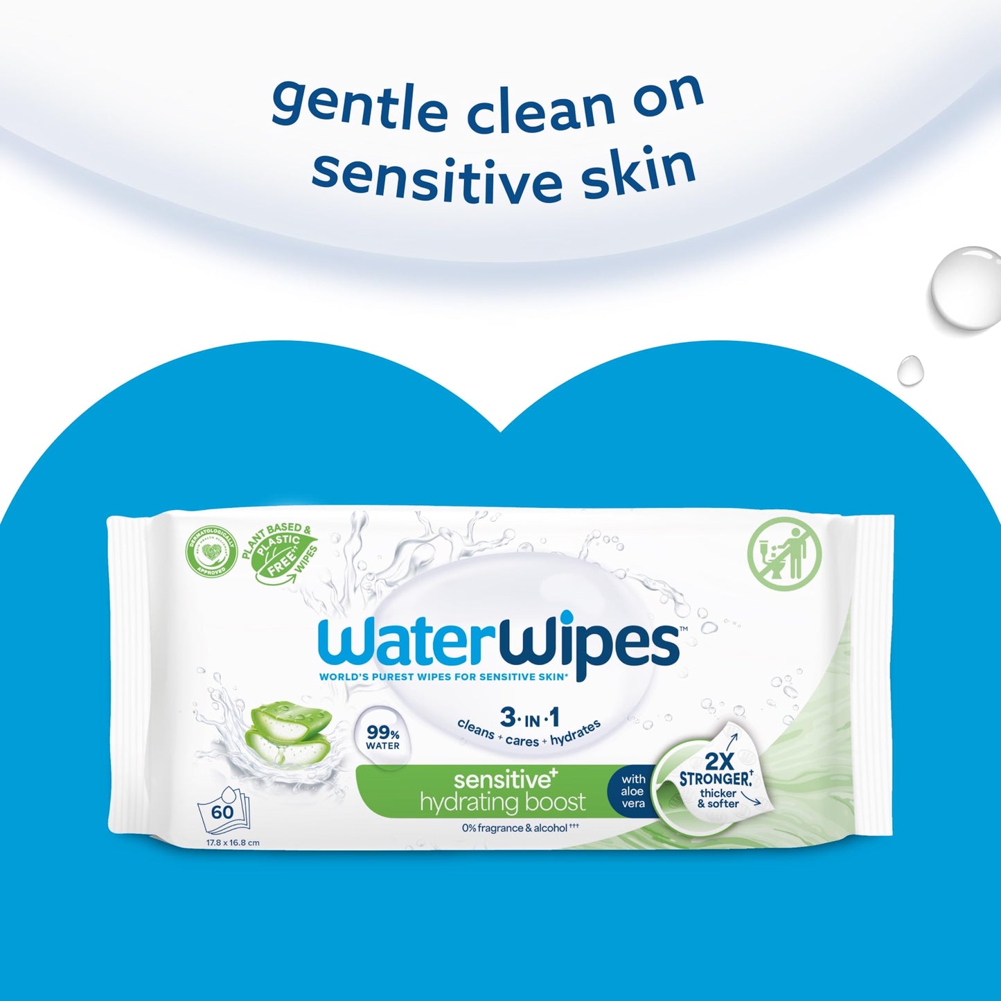 WaterWipes Sensitive+ Hydrating Boost Wipes, 360 Count (6 Packs), 3-In-1 Cleans, Cares, Hydrates, 99% Water with Aloe Vera, Unscented Baby Wipes