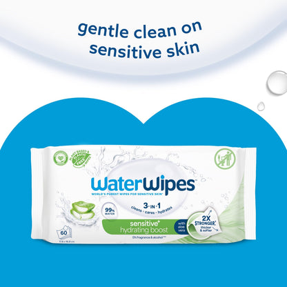 WaterWipes Sensitive+ Hydrating Boost Wipes, 360 Count (6 Packs), 3-In-1 Cleans, Cares, Hydrates, 99% Water with Aloe Vera, Unscented Baby Wipes