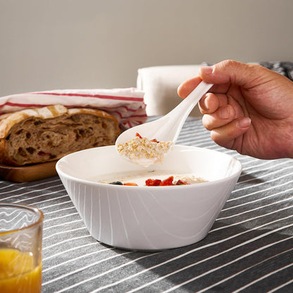 DOWAN Soup Spoons, Ceramic Asian Soup Spoons, White Japanese Spoon Large for Ramen Pho Wonton Dumpling Miso, Deep Oval Hook Design, Set of 4 (4, White)