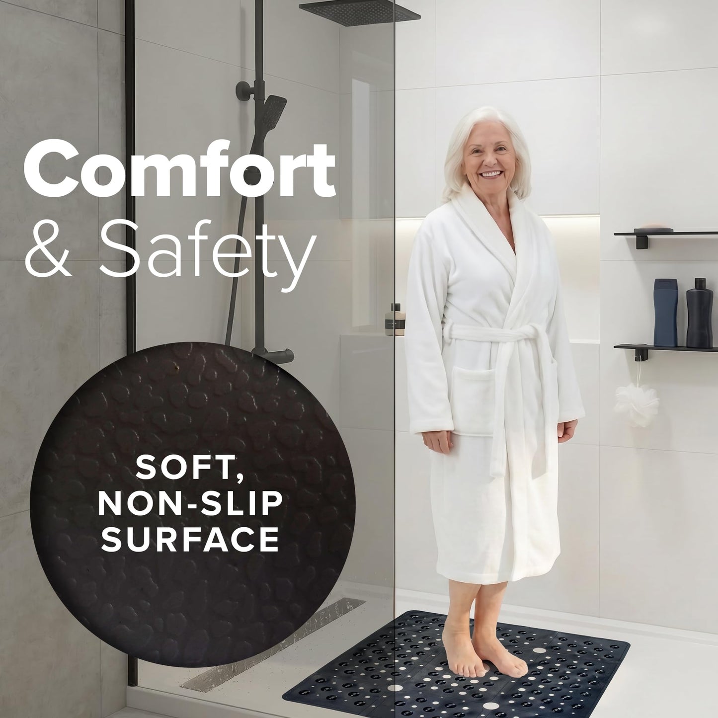 SlipX Solutions 27" Oversize Square Shower Mat, Non-Slip Mat for Elderly & Kids, 100+ Power Grip Suction Cups for Smooth Surfaces, Machine Washable, Black