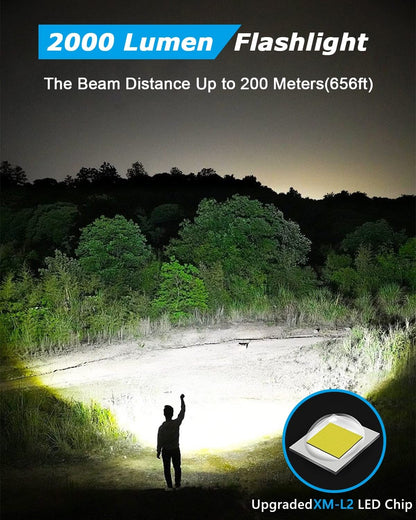 LED Torch Rechargeable Torches Super Bright 2000L Battery Powered Powerful Flashlight L2 CREE Adjustable Focus 5 Modes IP65 Waterproof Outdoor Handheld Pocket Flash Light for Camping Hiking Emergency