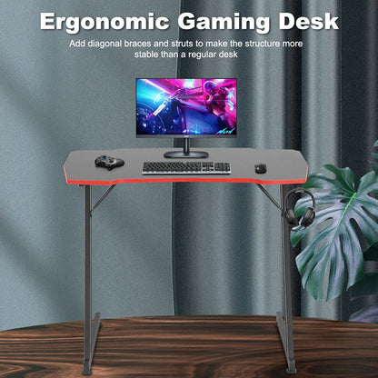 Gmaing Desk 35.4in PC Computer Desk Z Shaped Gaming Workstation Ergonomic Gaming Table with Headphone Hook for Home Office, Red