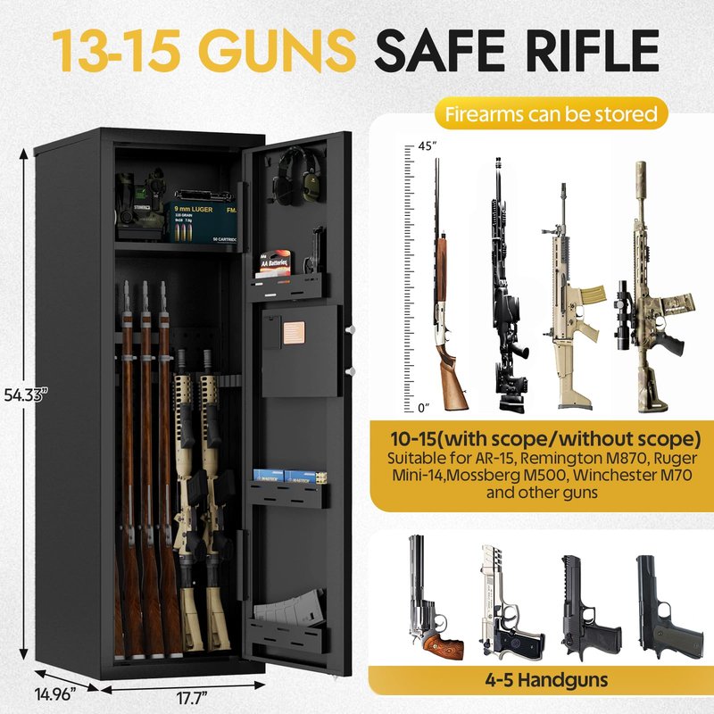 KAER 10-15 Biometric Gun Safe for Rifles and Pistols,Large Gun Cabinet with Removable Racks & Adjustable Shelf,Fingerprint Keypad Lock Rifle Safe for Home & Hunting(AR-15)